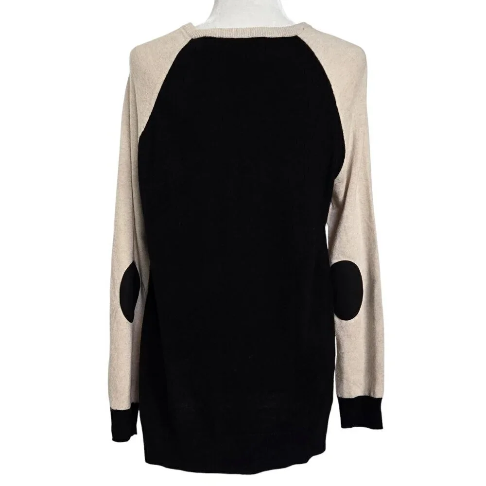 J. Crew Wool Blend Tan Black Elbow Patch Side Buttons Crew Neck Sweater Preppy